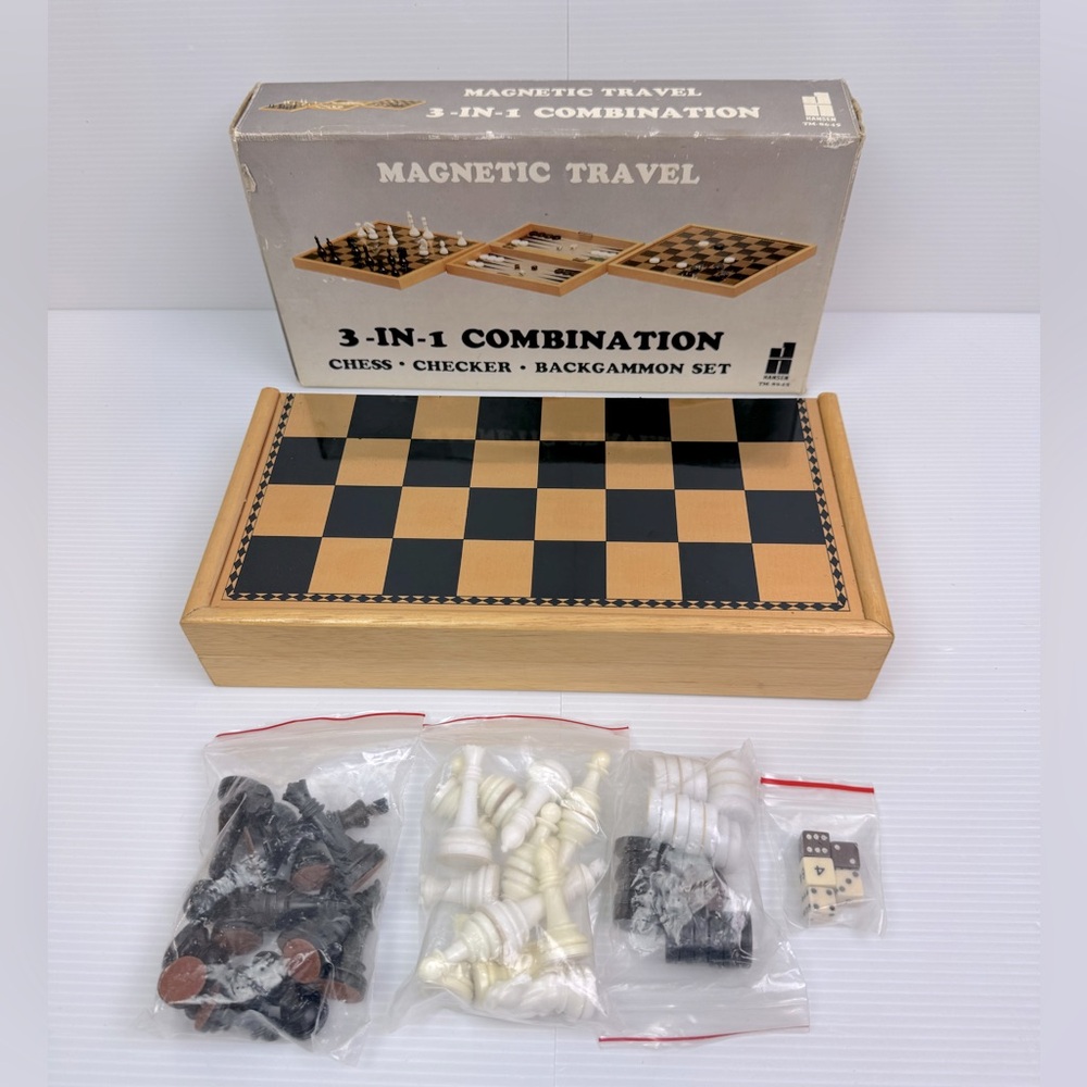 3 in 1 Magnetic Chess Checkers Backgammon Folding Travel Game Set Wooden Box VTG